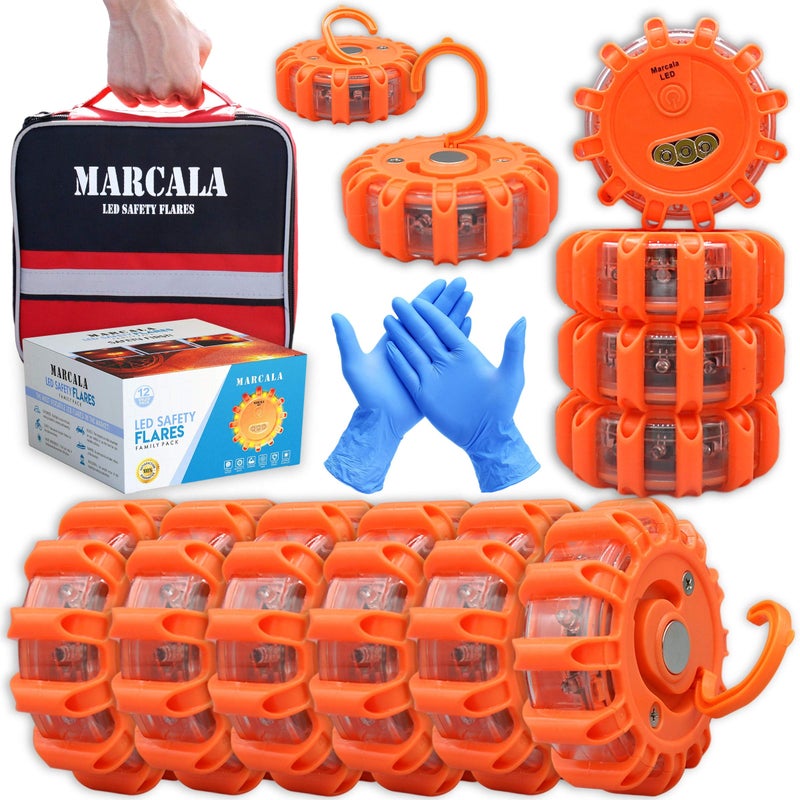 Marcala 12-Pack Emergency Flares for Vehicles | Emergency Roadside Lights | Complete LED Road Flares Kit | Emergency Lights For Vehicles | Perfect For Gifting or Everyday Roadside Safety - Image 1